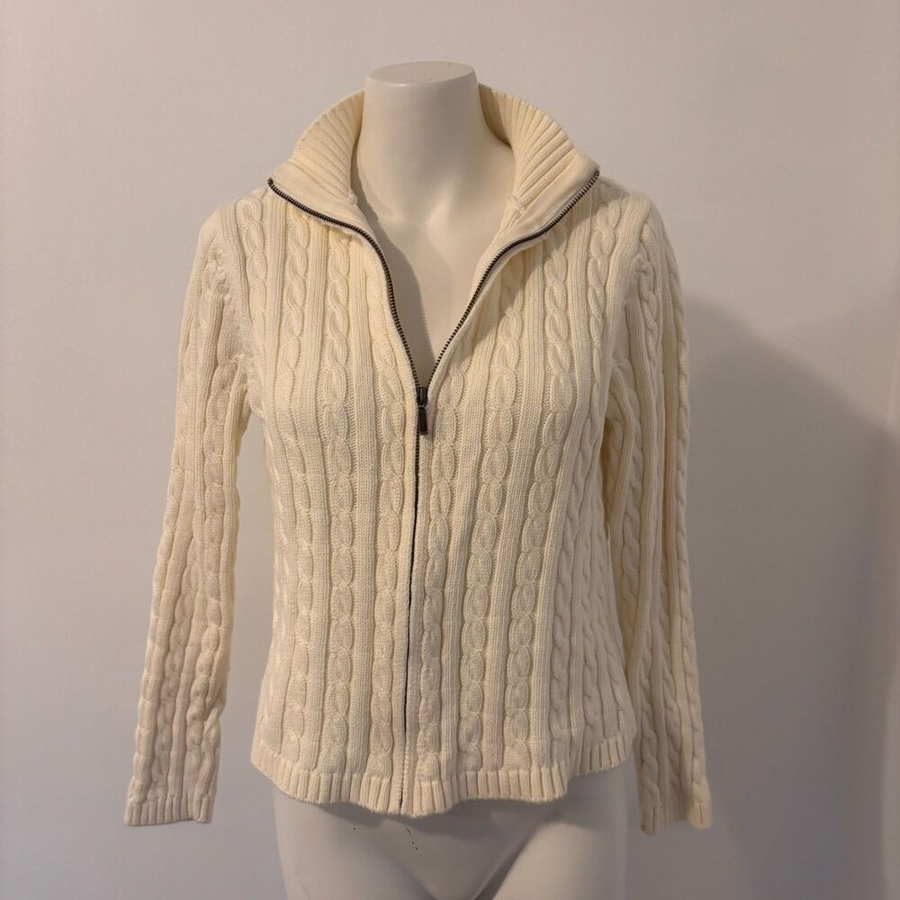 LL Bean size Medium 100% Cotton Cream Cable Knit Full Zip Fisherman's Sweater